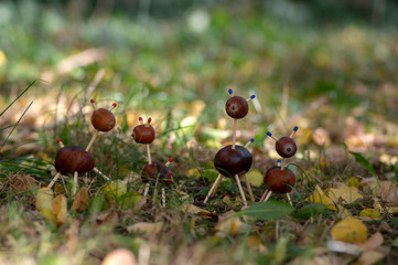 Group of funny chestnut animals in green grass, traditional autumn handcraft, European roe deer with family