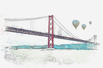 illustration Bridge called April 25 in Lisbon in Portugal. Hot air balloons are flying in the sky.