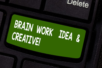 Text sign showing Brain Work Idea And Creative. Conceptual photo Creativity brainstorm Innovative thinking Keyboard key Intention to create computer message pressing keypad idea