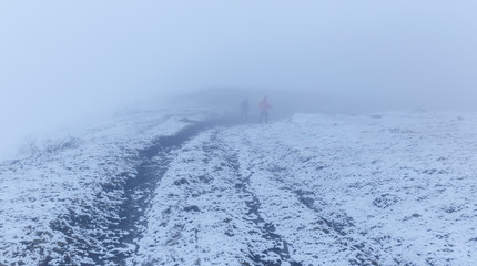 Fototapeta na wymiar Two tourists go through the fog in the winter field