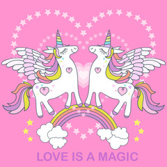 Love is magic. A pair of white unicorns on a pink background. For design, prints, posters and so on. Vector