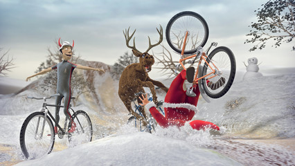 Funny Lame and Bad Santa Claus on bicycle with friend reindeer on a racing. Merry Christmas and Happy New Year. Saint Nicholas day. Mannequin Challenge. 3D rendering. Copy space Champion Cup concept.