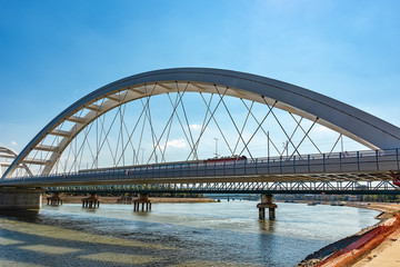 Obraz premium Novi Sad, Serbia - September 18, 2018: Zezelj bridge over Danube in Novi Sad