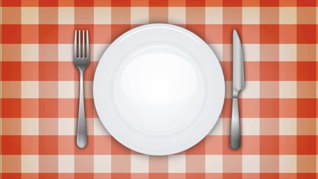 4k Dinner Invitation Background With Table Set/ Animation of a restaurant background tablecloth with an empty white plate, knife and fork dishes, appearing smoothly with ease in effect