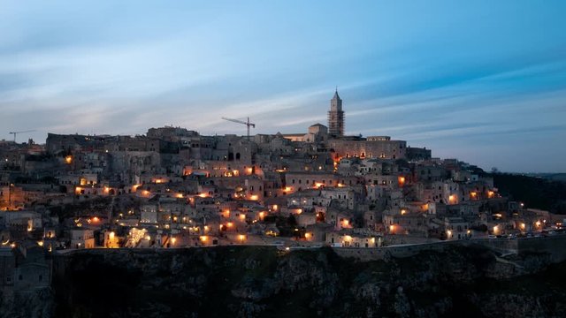 Time lapse sunset of Sassi of Matera, Park of the Rupestrian Churches, Italy