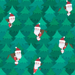 Cute Christmas seamless pattern with cheerful Santa Claus in blue green fir forest. Winter holiday illustration for New Year textile, wrapping paper, surface, wallpaper