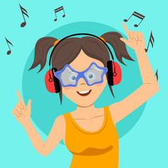 Young happy teenage girl singing and having fun listening to the music using wireless earphones
