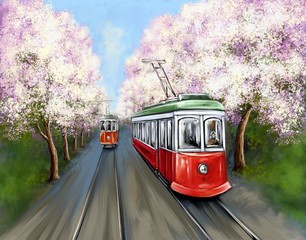 Tram in the alley of blossoming cherry trees. Paintings spring  landscape. Fine art, digital paint.