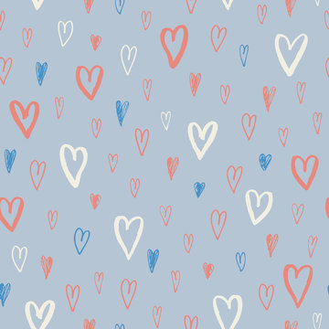 Hand Drawn Doodle Pastel Hearts Silhouettes Valentine's Day vector Seamless Pattern. Cute Graffity Background. Line Art