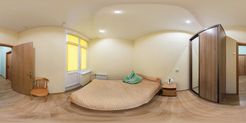 360 panorama view in bedroom in small hotel, full seamless  panorama 360 degrees angle view in...