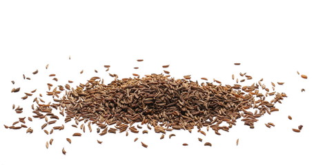 Pile of cumin, caraway seeds isolated on white background