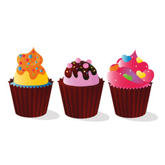 Vector image of a multicolored, colorful muffins decorated with candy for decoration, cream and chocolate on white background