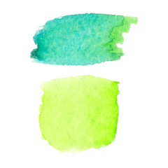 Set of abstract stains. Green and yellow colors. Bright creative backdrop. Watercolor texture with brush strokes. Spots isolated in white background. Trendy colorful design. Hand painted. Vector EPS.