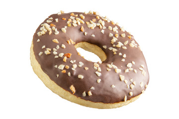 Isolated chocolate donut shot into stack. Photographed by stacking.