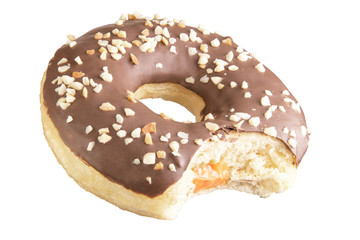 Isolated chocolate donut shot into stack. Photographed by stacking. Bitten donut. Donut stuffed.