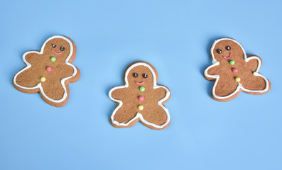 Christmas gingerbread cookies isolated on light blue pastel background