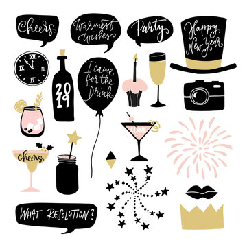 Set of hand drawn New Year or birthday graphic elements. Speech bubles, balloons, fireworks, cocktail drinks and decorations. Photo booth props. Isolated vector objects.
