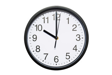 Wall clock shows time 10 o'clock on white isolated background. Round wall clock - front view....