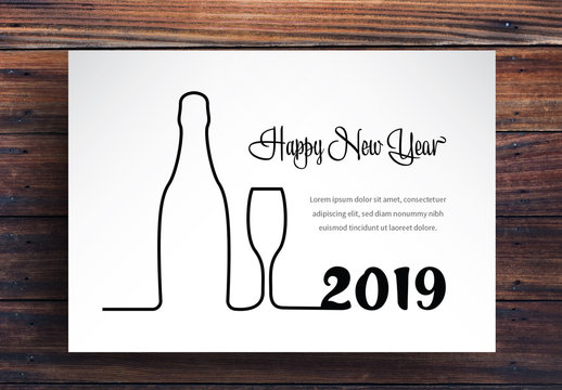 New Years Card Layout with Bottle and Glass Outline