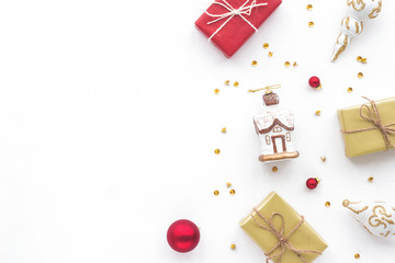 Christmas decoration on white background, top view, flat lay