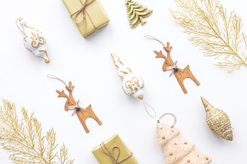 Christmas decoration on white background, top view, flat lay