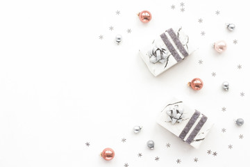 Christmas decoration on white background, top view, flat lay