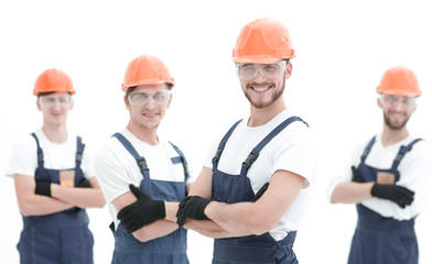 smiling team of construction workers .