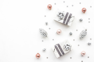 Christmas decoration on white background, top view, flat lay