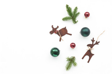 Christmas decoration on white background, top view, flat lay