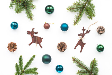 Christmas decoration on white background, top view, flat lay
