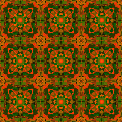Seamless square bright pattern from geometrical abstract ornaments multicolored in red and green shades on a dark background. Vector illustration. Suitable for fabric, wallpaper or wrapping paper