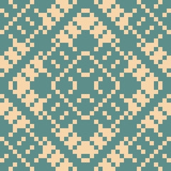 Geometric traditional folk ornament. Seamless pattern in tan and teal colors