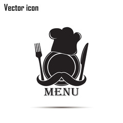 Chef hat with mustache. Foods Service icon. Menu card.