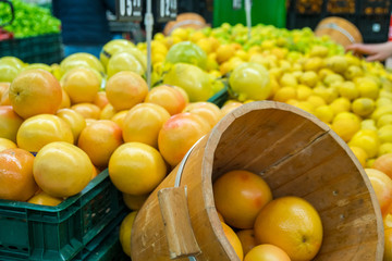 Fruit market with various colorful fresh fruits, healthy food