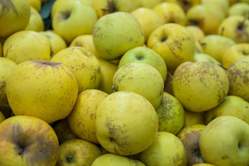 verious apples in Market stall. healthy food