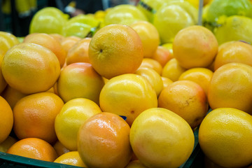 Fruit market with various colorful fresh fruits, healthy food