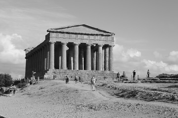 Black and white fabulous temple called Tempio di Concordia in Agrigento (Sicily)
