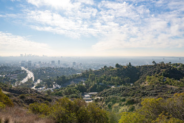 View of Los Angeles from the Hollywood Hills. Down Town LA. Hollywood Bowl. Warm sunny day....