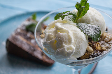 The ice cream with nuts. Beautiful and tasty dessert close up. 