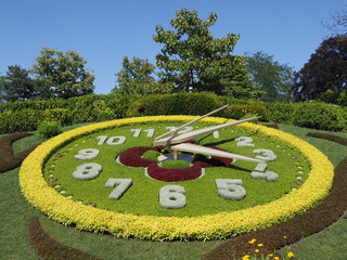 Famous flower clock located on western side of English garden urban public park in european Geneva...
