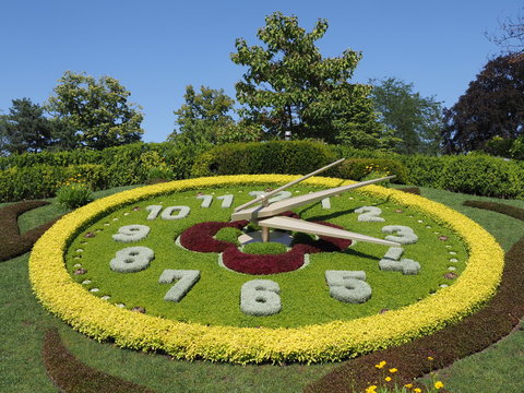 Famous flower clock located on western side of English garden urban public park in european Geneva city Switzerland