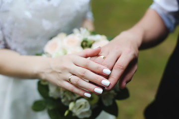 Obraz na płótnie Canvas Hands of groom and bride with rings