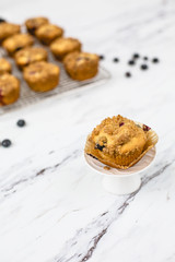 homemade blueberry muffins on wire rack on white and gray marble countertop; one isolated in front
