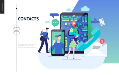 Business series, color 3 - contacts - modern flat vector illustration concept of intercommunicators. Connection ways and tools -web, phone, chat, messenger, post. Creative landing page design template