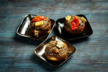 Toasts with olive paste tapenade. 