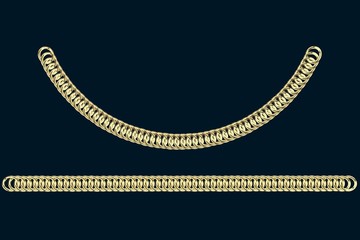 Obraz premium Golden chains on a dark blue background, 3d render. Wide jewelry chains are shown in a straight line and a curved line.