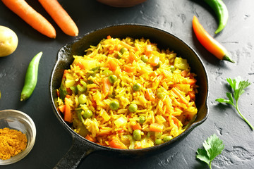 Vegetarian pilaf in frying pan