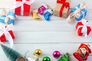 christmas or new year frame composition, flatlay design wooden background