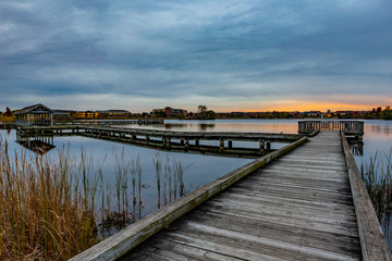 Pier on the lake at sunset
