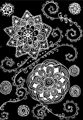 Black and white coloring. Floral tattoo artwork. Indian style. Doudle art floral composition.